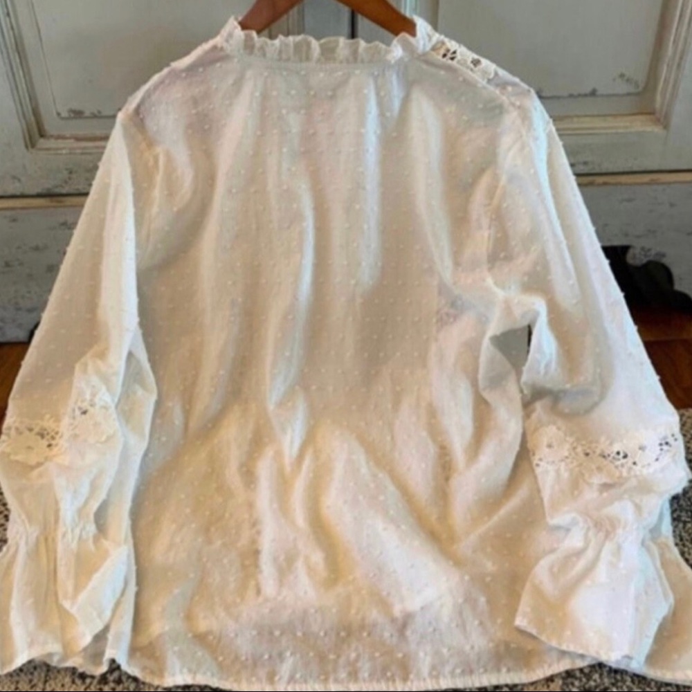 New Swiss Dot Cotton Lace Long Sleeve Button Front Romantic Blouse Top Blouse - Picture 4 of 7